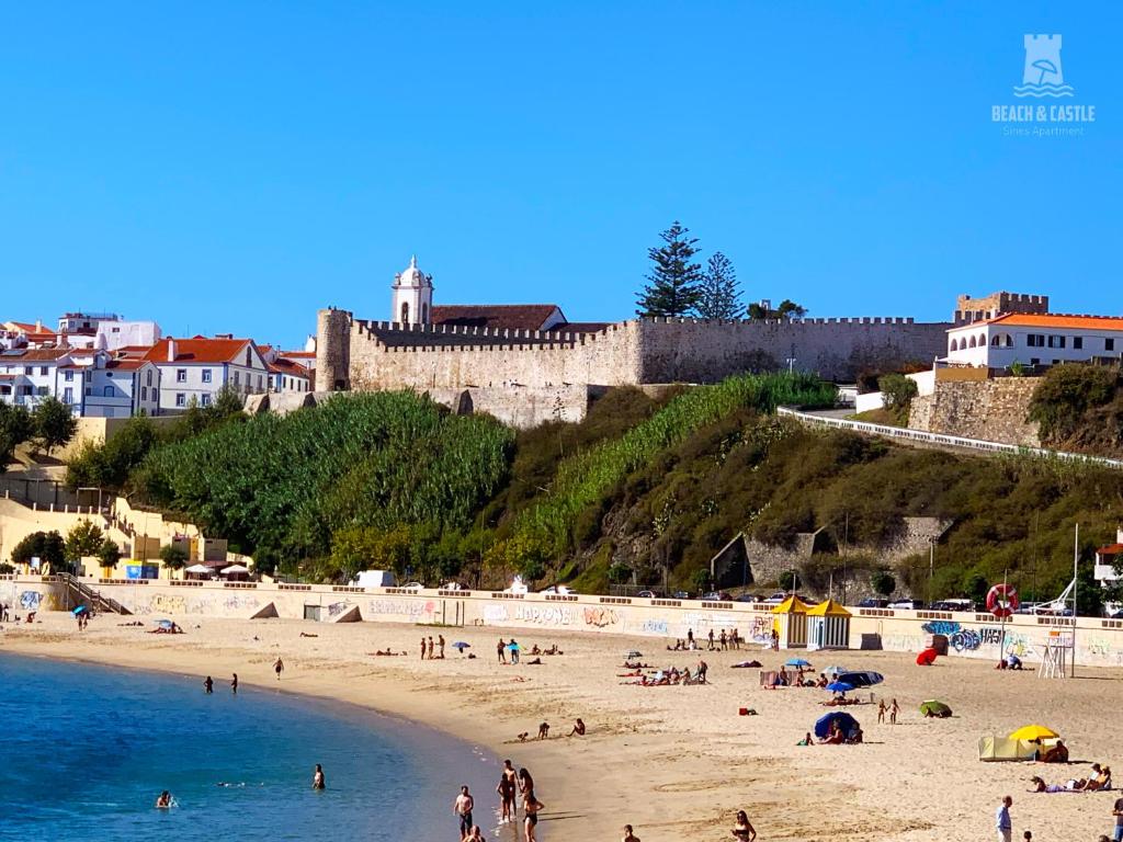 锡尼什Beach & Castle - Sines Apartment的一群人在海滩上,有城堡