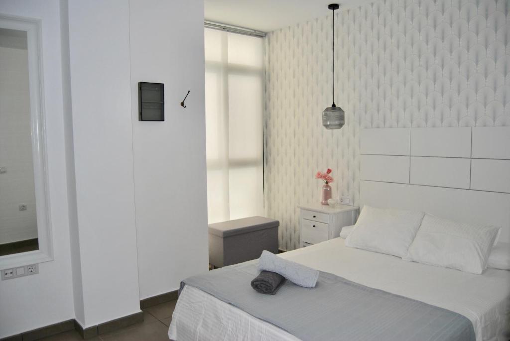 罗萨里奥港Casa el Majorero的白色的卧室设有床和窗户