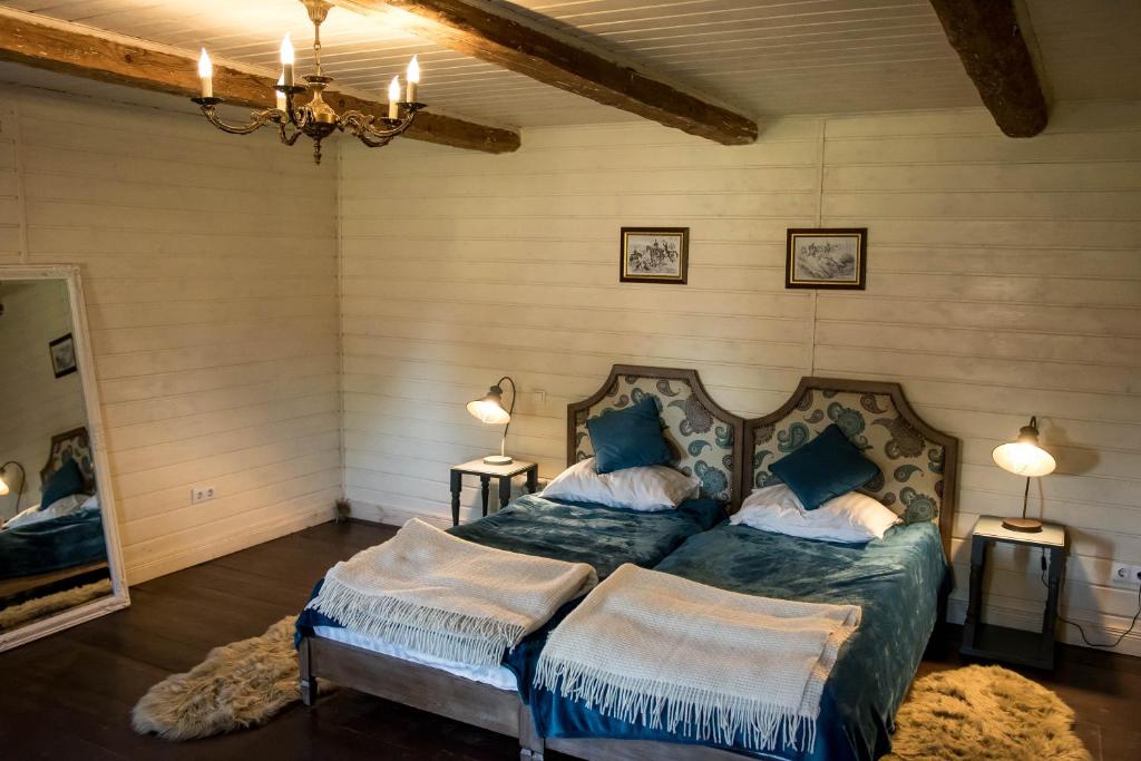 Moshchanytsya"Дальний кордон"的一间卧室配有两张带蓝色枕头的床