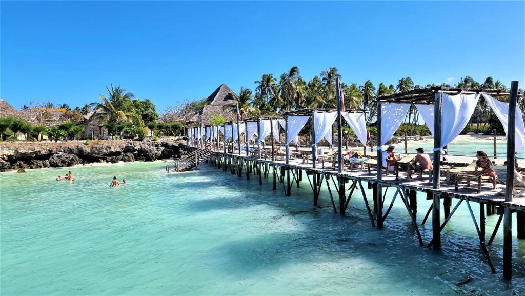 江比阿Reef & Beach Resort - Spa Jambiani的海滩上有人在水中的一个码头