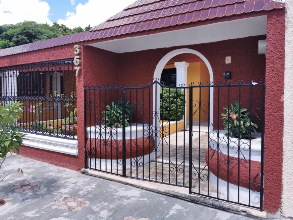梅里达Casa Balfré的两株盆栽植物的房子的大门