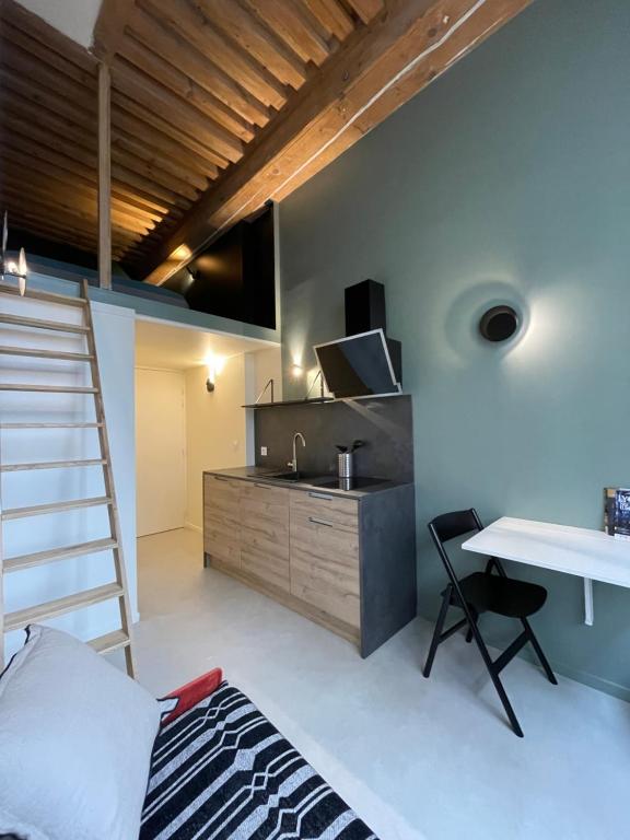 里昂Le soyeux的带高架床和书桌的客房以及厨房