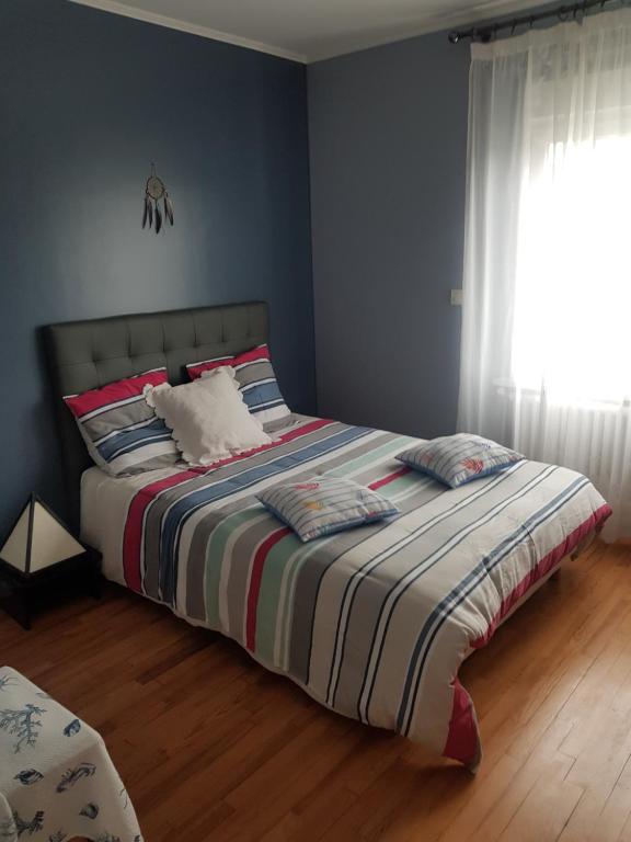 Hôpital-CamfroutAnnick的一间卧室配有一张带条纹毯子的床和窗户