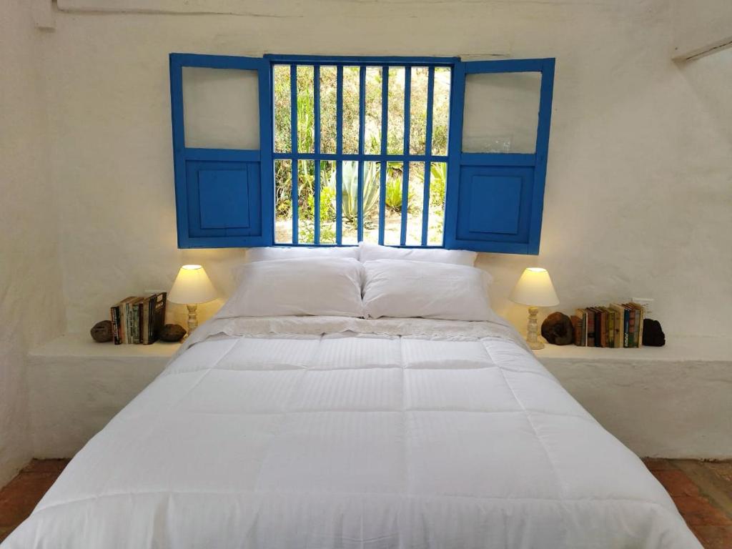 莱瓦镇El Oteo Tiny house.的一间卧室配有一张带蓝色窗户的床