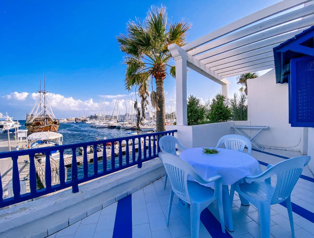莫纳斯提尔Marina Cap Monastir- Appart'Hôtel的阳台配有桌椅,享有水景