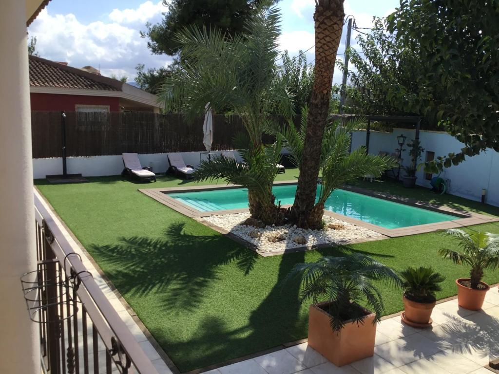 穆尔西亚Relax en la huerta de Murcia的一个带游泳池和棕榈树的后院