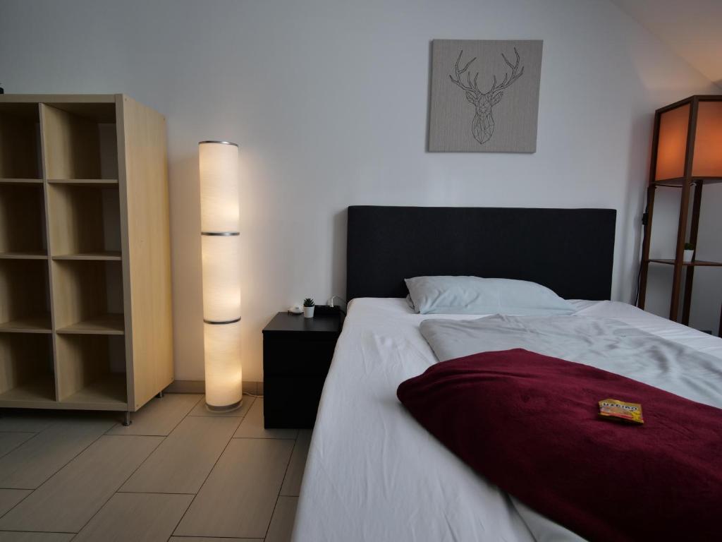 卡尔斯鲁厄Rooftop Apartment by Rabe - Parkplatz & free Netflix & Balkon的一间卧室配有一张床铺,床上铺有红色毯子