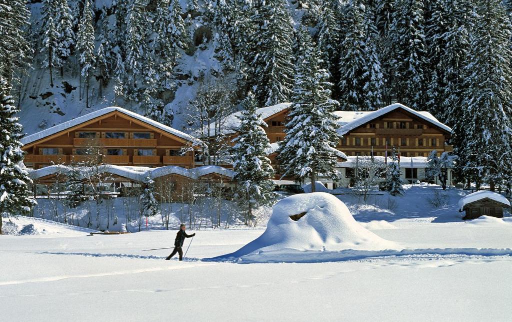 坎德施泰格多尔登峰森林酒店的一个人在雪中行走,在雪雕旁边