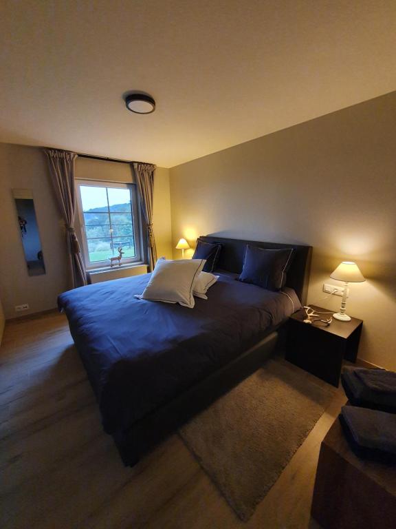 AmougiesVilla de la Sablière的一间卧室设有一张大床和一个窗户。