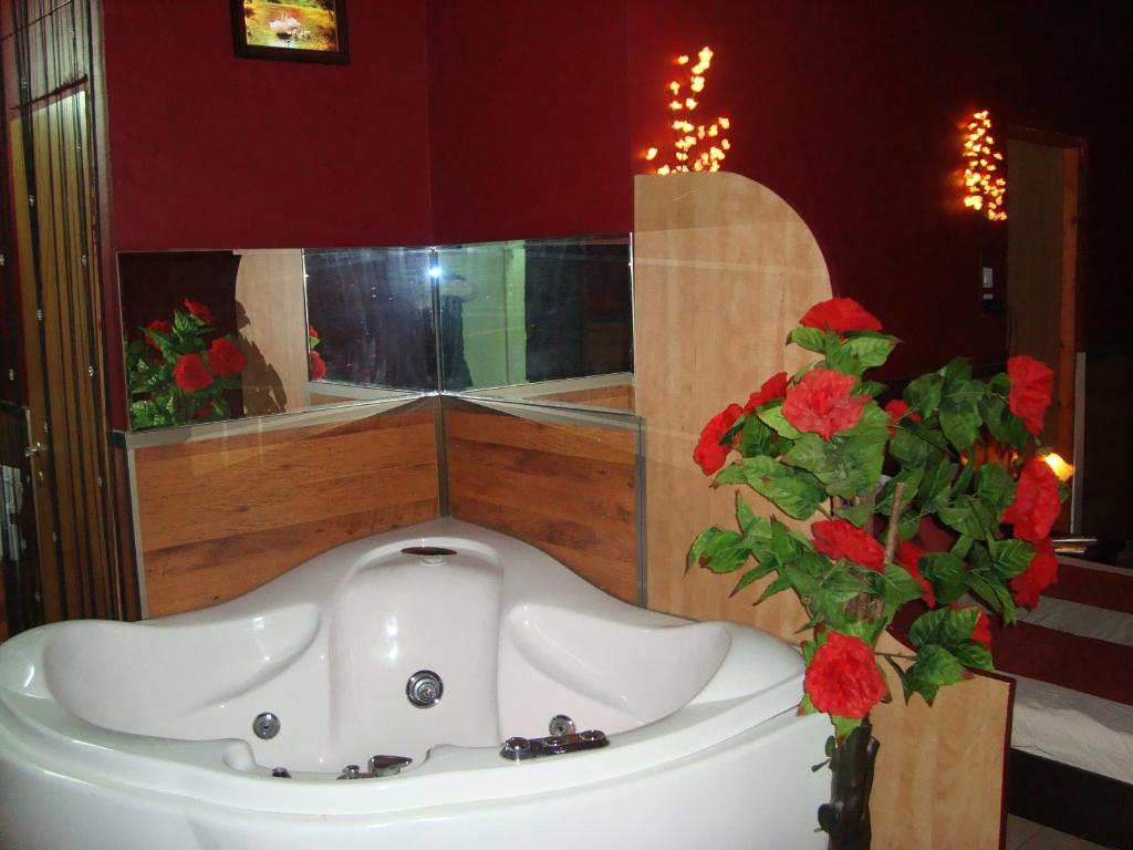 Hod HaSharonvacation house יחידת אירוח פרטית הוד השרון的浴室设有白色水槽和红色花瓶