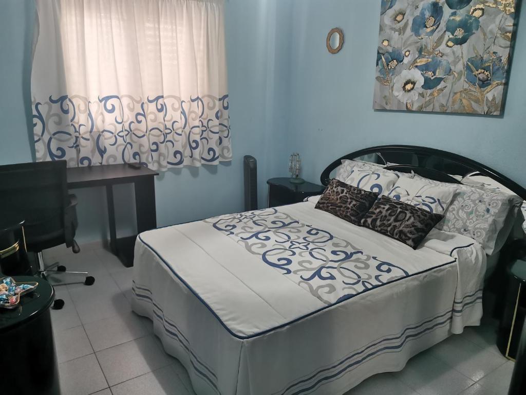加尔达尔Habitación con baño privado的一间卧室配有一张床、一张书桌和一个窗户。