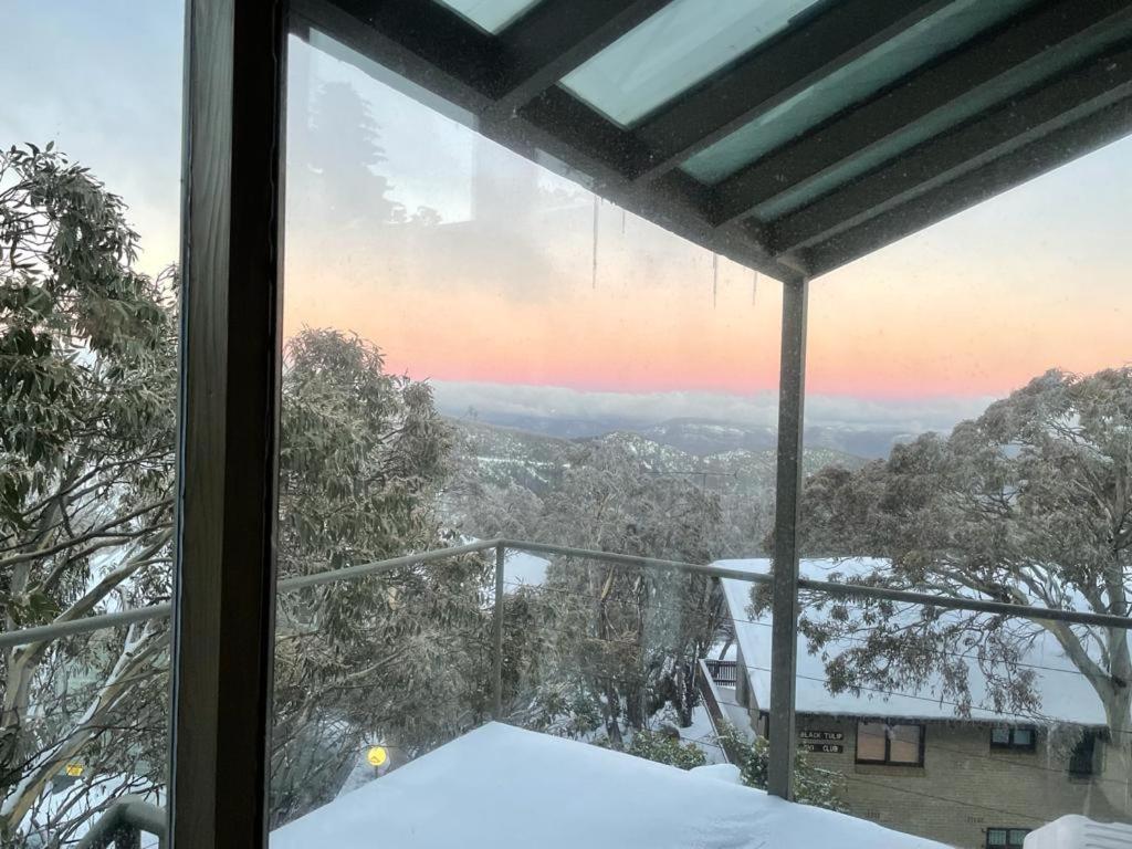 布勒山Winterbrook Chalet的从地面上白雪的窗户欣赏风景