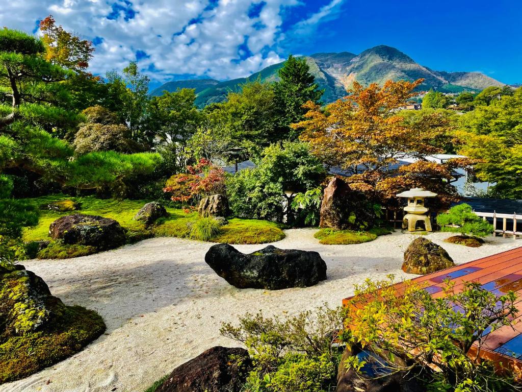 箱根Onsen & Garden -Asante Inn-的日式花园,花园内设有岩石和鸟浴