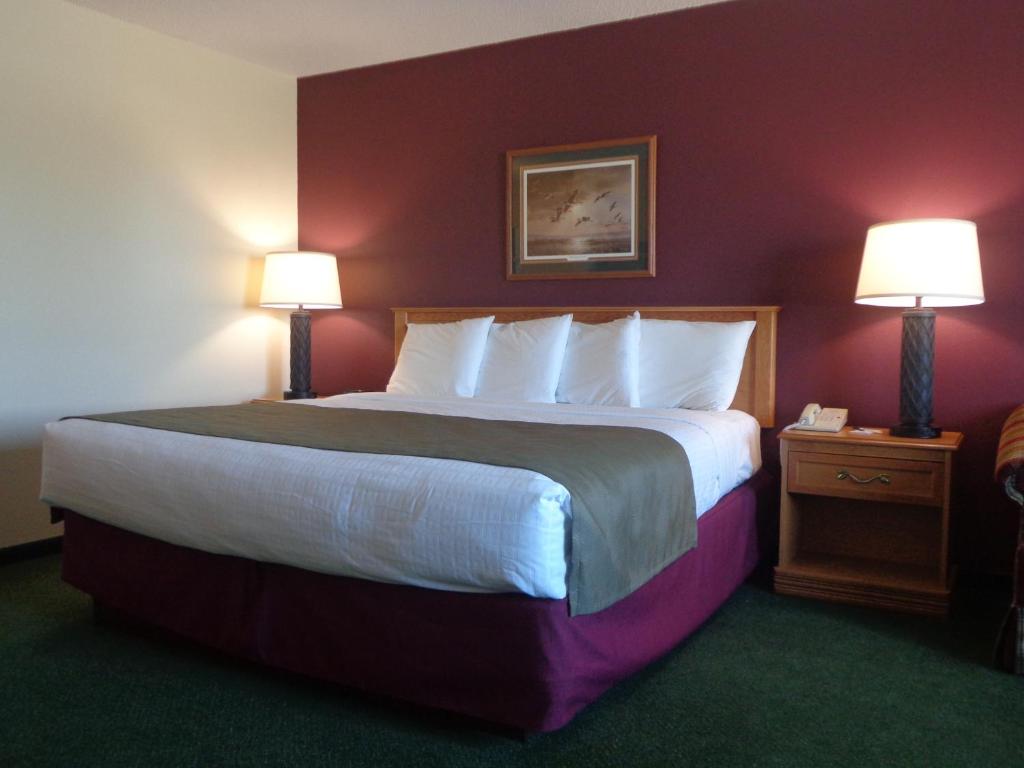 MadisonAmericInn by Wyndham Madison SD的一张大床,位于酒店带两盏灯的房间