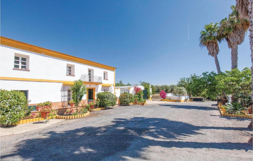 韦尔瓦6 Bedroom Beautiful Home In Huelva的棕榈树建筑前的一条空街道