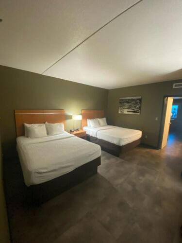 阿尔图纳Adventureland Inn的一间酒店客房内设有两张床的房间