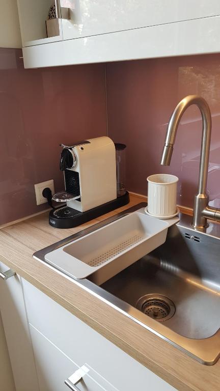 多瑙河畔克雷姆斯Blick über Krems mit Gartenpavillon的厨房柜台配有水槽和咖啡壶