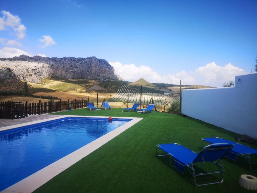 康塞普西翁新镇Casa rural La Pradera的一个带绿色草地和蓝色椅子的游泳池