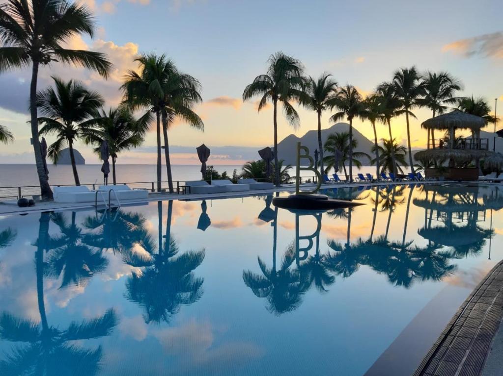 勒迪亚芒Diamantchery - Vue mer avec Deck privatif的日落时分棕榈树和海洋的游泳池