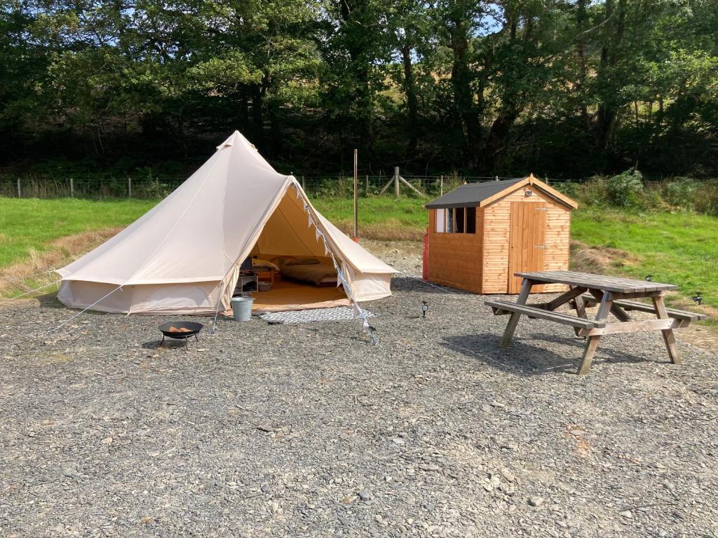 Esgair-geiliogDyfi Dens Machynlleth的帐篷、野餐桌和长凳