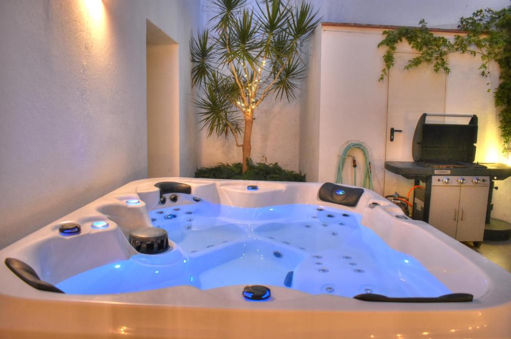 赫雷斯-德拉弗龙特拉Home Apartments Jerez的棕榈树客房内的按摩浴缸
