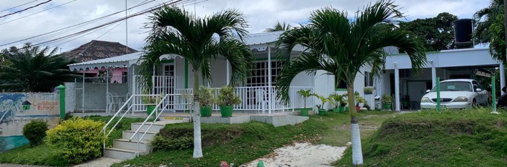 圣安德烈斯Posada Caribbean Refuge的前面有棕榈树的房子