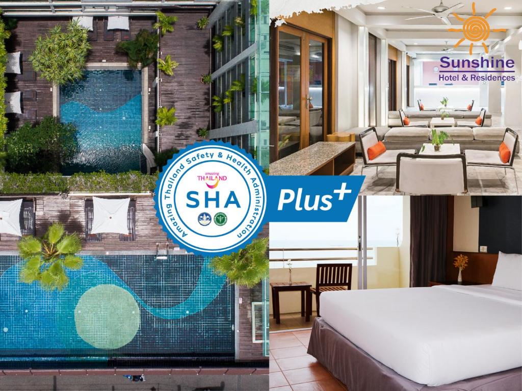 芭堤雅市中心Sunshine Hotel & Residences的酒店客房,配有床和标牌,上面写着sha plus