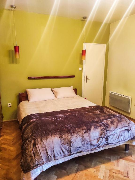 波德戈里察Center 1 Podgorica的一间卧室,在绿色的墙上配有一张大床