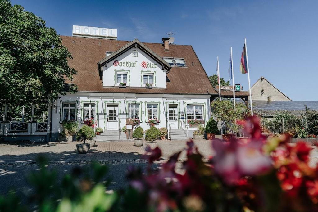 莱茵河畔的布赖萨赫Landgasthof Adler的一座酒店大楼前面有鲜花