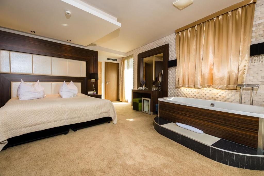 布达佩斯多瑙花园酒店的一间卧室配有一张床和浴缸