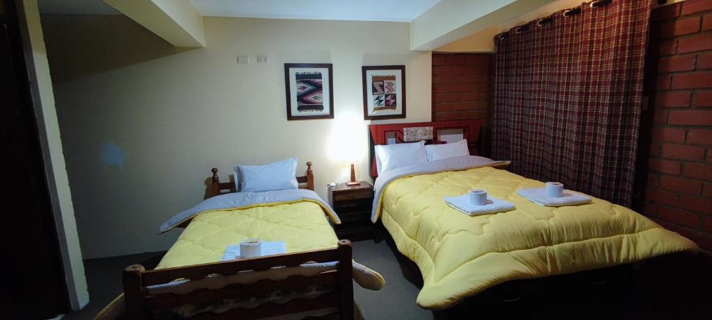 瓦拉斯Mirador Backpackers B&B的一间卧室配有两张带黄毛毯和灯的床