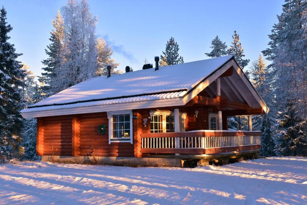索特Peikonpesä的雪中树林里的小木屋
