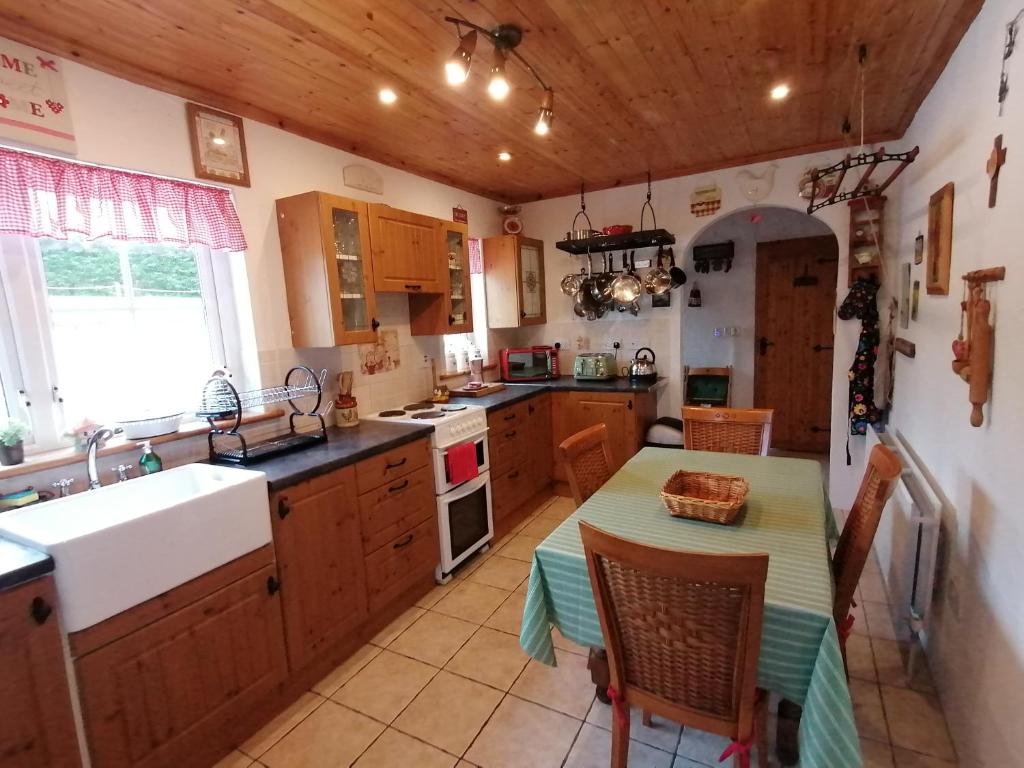 RingsendCarnowen Cottage的厨房配有木制橱柜、桌子和水槽。