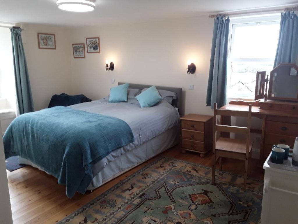 布德Sharlands Farm Bed and Breakfast的一间卧室配有一张床、一张书桌和一个窗户。