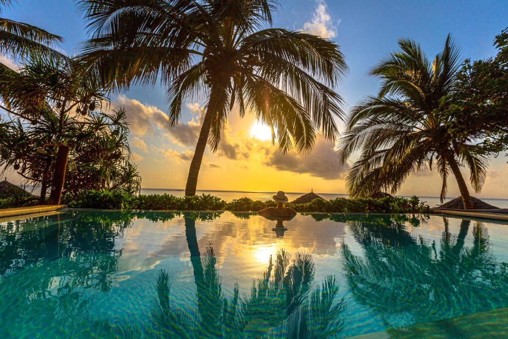 马特姆维Zoi Boutique Hotel Zanzibar ex Sunshine Hotel的一座棕榈树和海洋游泳池