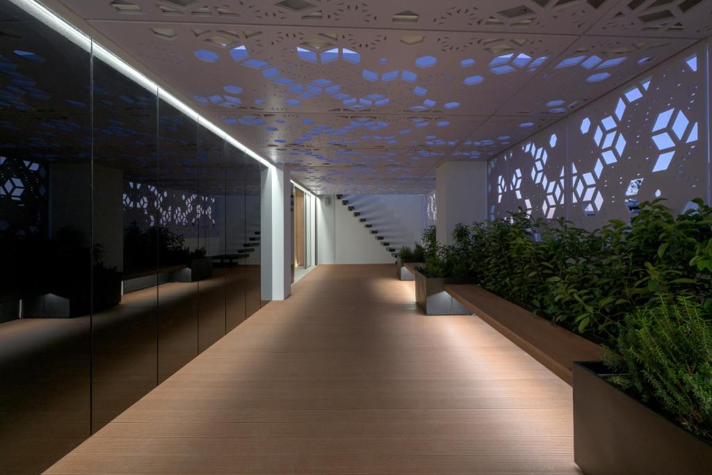 罗德镇Essence Suites Downtown Suites - Adults Only的走廊上种植了植物,天花板上灯火通明