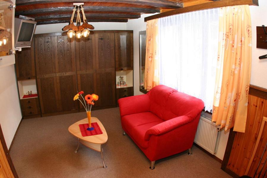 格雷兴Soleil Wohnung的客厅配有红色的沙发和桌子