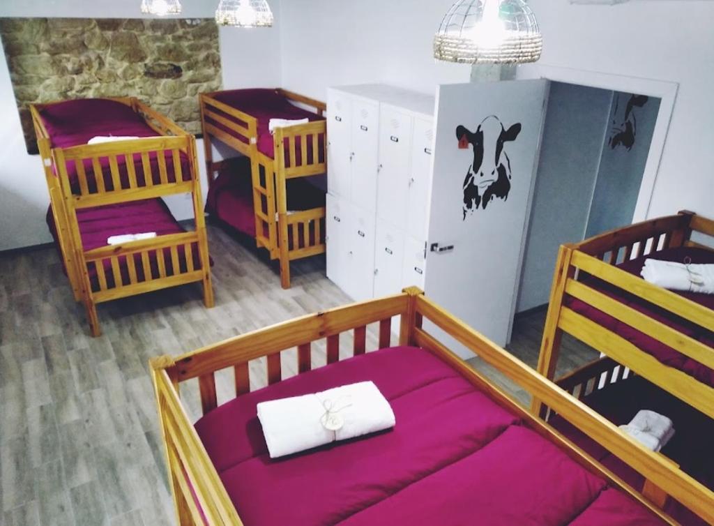 CarriazoAlbergue Casa Vacas的客房设有三张双层床和一台冰箱。