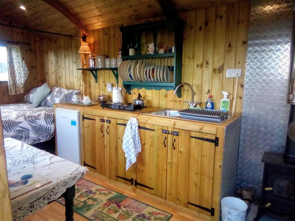 巴斯Lower Haven Shepherds Hut的一个带木制橱柜和水槽的厨房