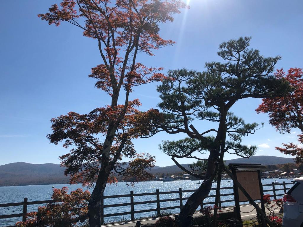 山中湖村富士山中湖森普莱斯酒店的两棵树,紧靠水体边的围栏