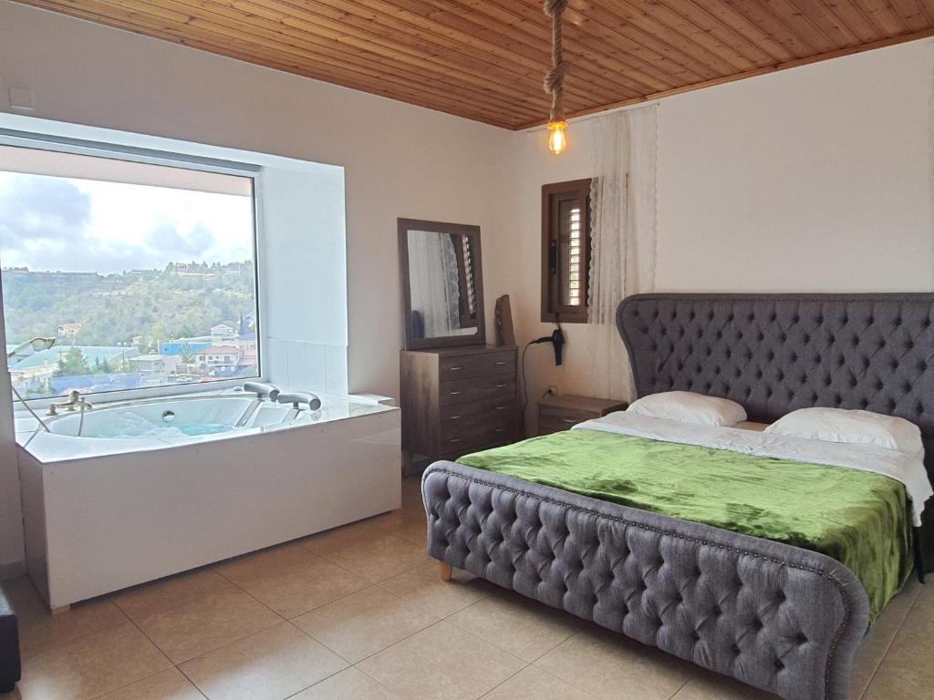 阿格罗斯Aprosmeno Jacuzzi House 1的一间卧室配有一张床和一个窗户浴缸