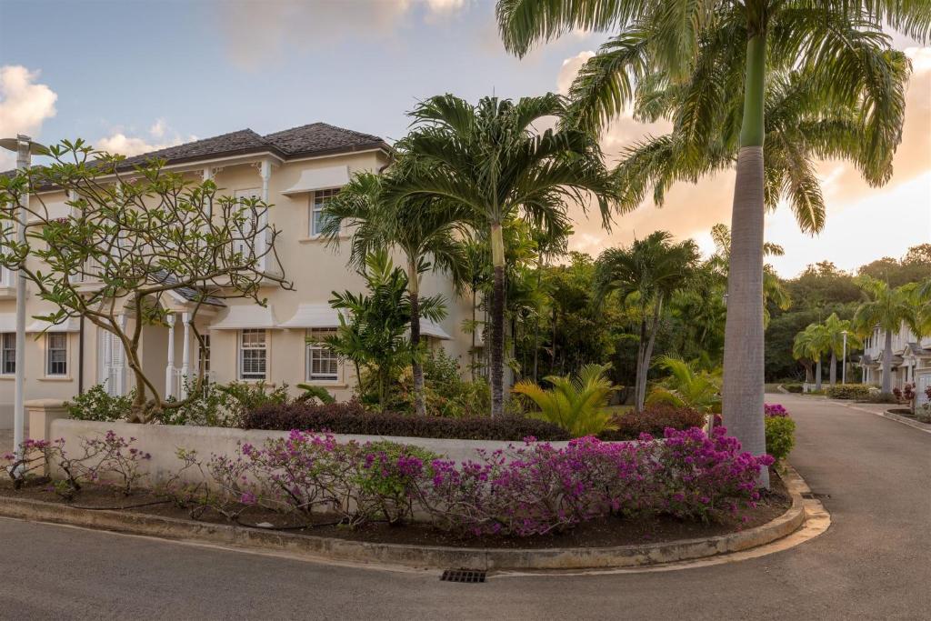 圣彼得教区Shimmers, stunning, stylish West Coast Villa的街上棕榈树和鲜花的建筑