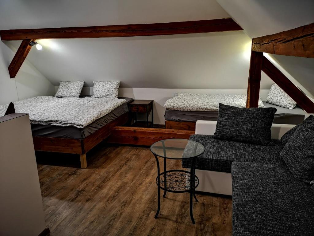 DráchovDráchovský apartmán a vejminek的客房设有两张床、一张桌子和一张沙发。