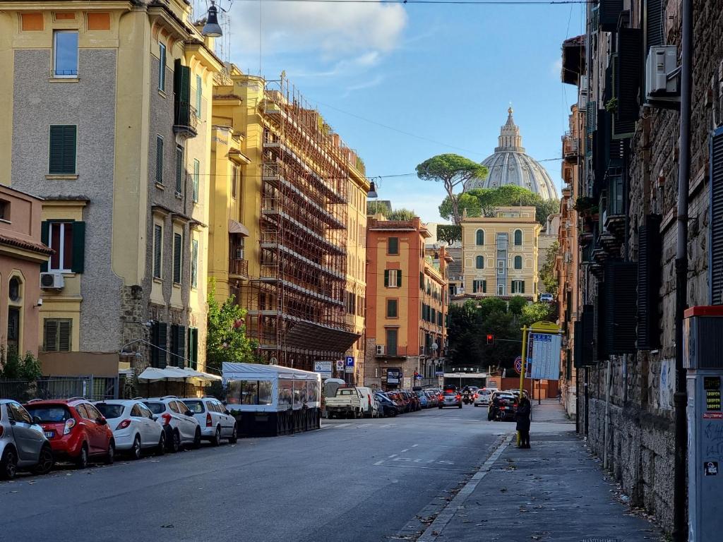 罗马R.&T. Suite House Roma的一条城市街道,路边有汽车停放