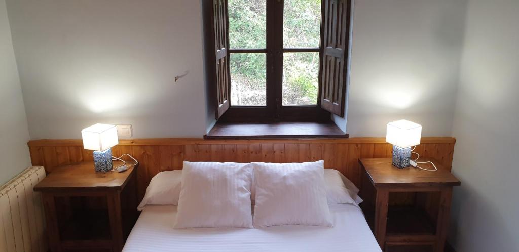 坎加斯德尔纳尔塞亚Valles del Narcea, Apartamentos Rurales的一间卧室配有一张带两张台灯的床铺。