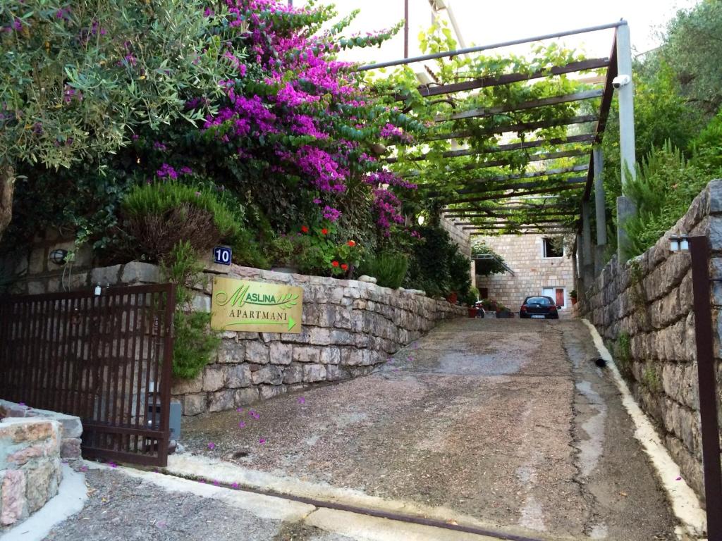 佩特罗瓦纳莫鲁玛斯里娜公寓的一个带石头围栏和紫色花卉的花园