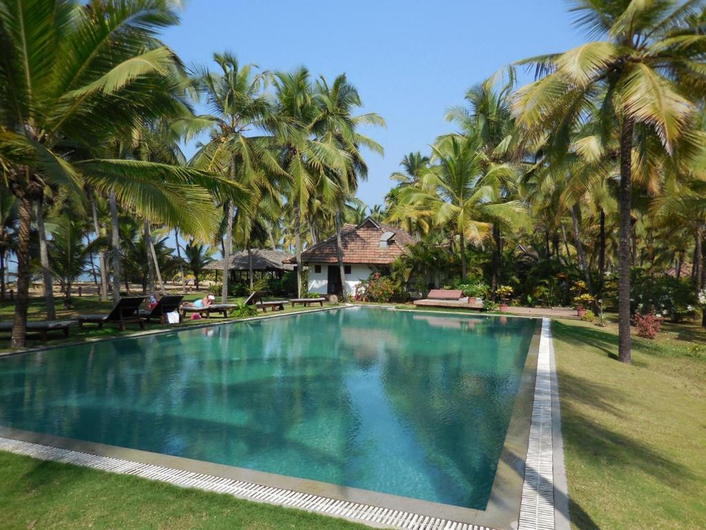 Nīleshwar卡南海滩度假村的棕榈树度假村前的游泳池