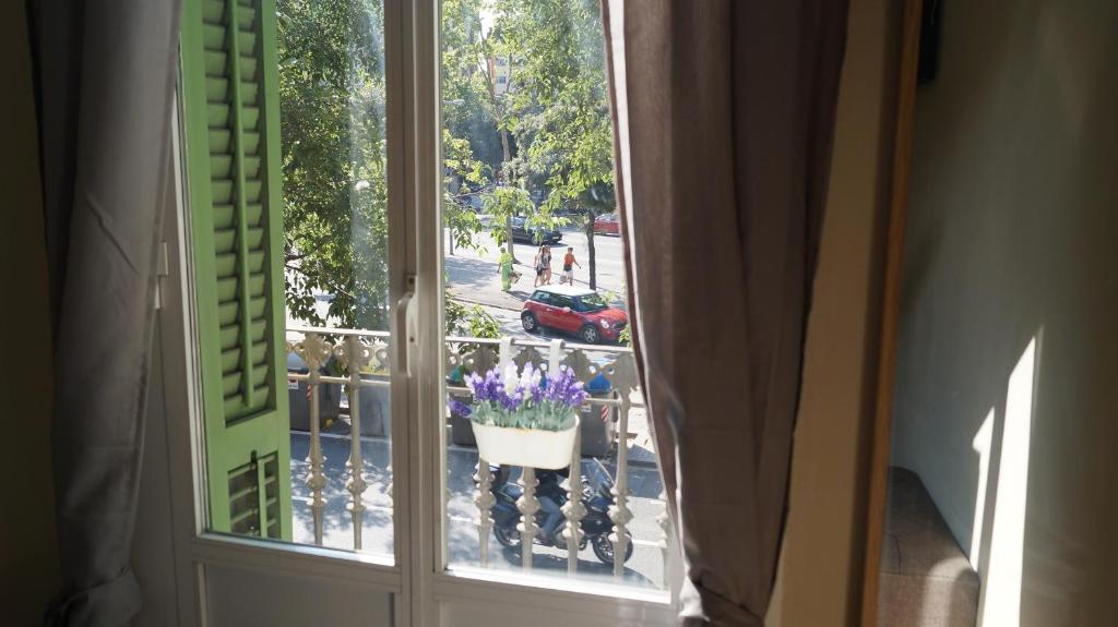 巴塞罗那格斯亚大道舒适之家酒店的阳台上的窗户,有一壶鲜花