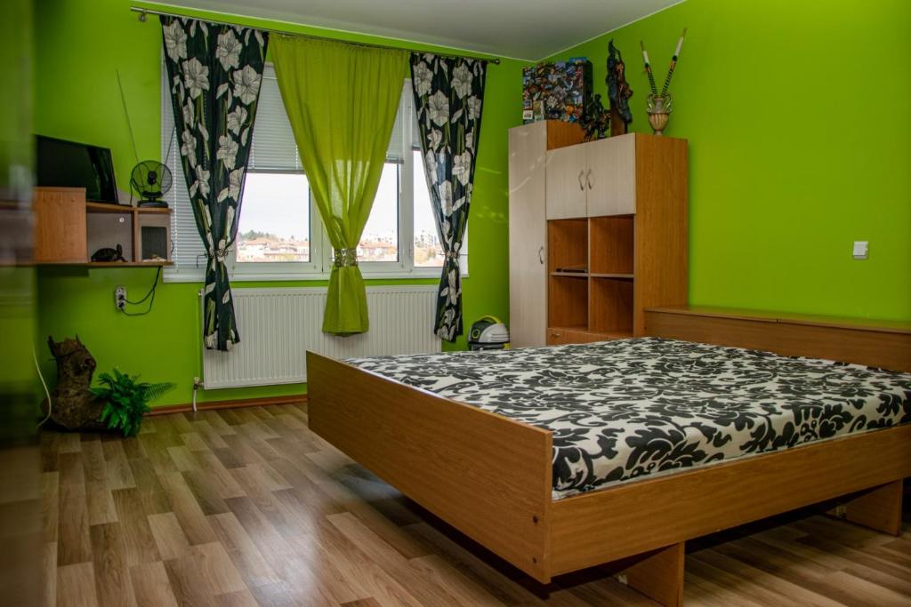 卢科维特Vilhelmov’s apartament的一间设有床铺的卧室,位于一个拥有绿色墙壁的房间