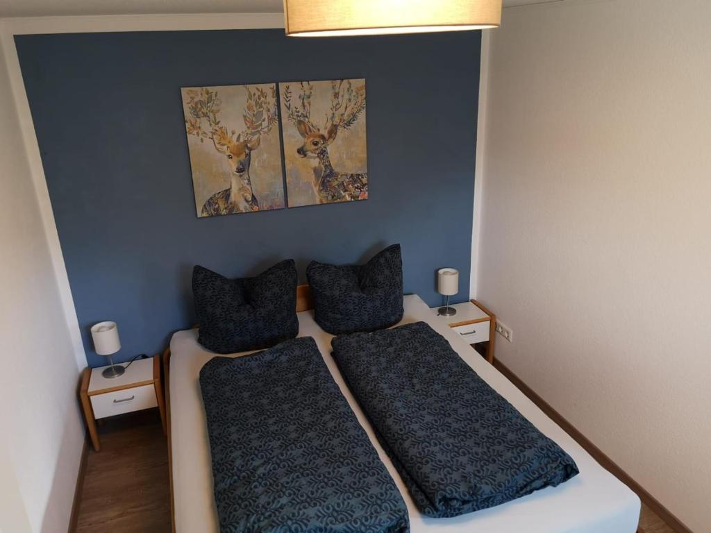 欣特察尔滕Ferienwohnung Hofmeier的一间卧室配有两张带枕头的床。